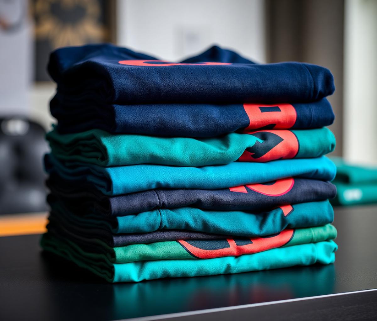 Stacks of freshly screen printed garments