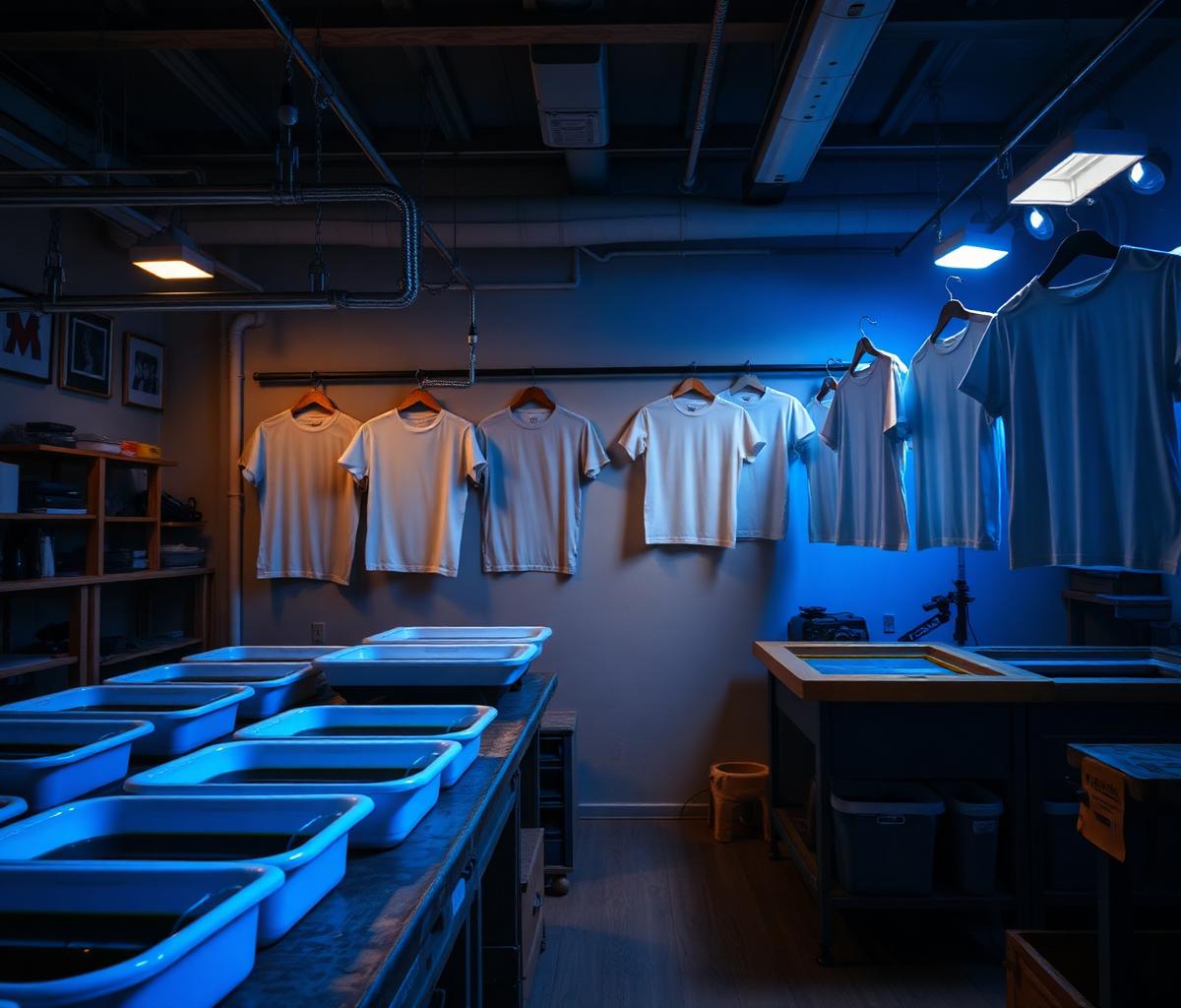Screen printing studio interior with ink and screens